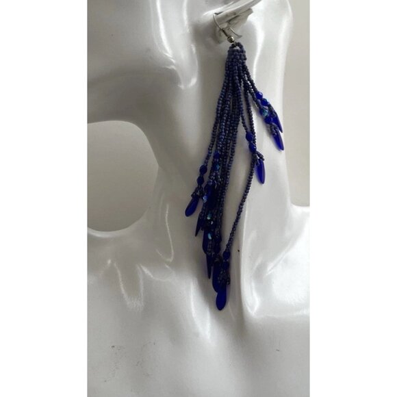 Vintage Boho Native Dark Blue Seed Glass Beaded Earrings Fringe Tassel Long 5.5” - Picture 6 of 9